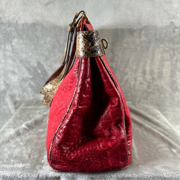 Fontanelli Handbag Purse Red Leather Croc Embossed w/ Snake Skin Trim - Picture 3 of 14